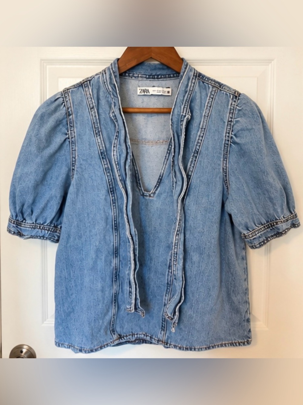 Zara Light Blue Denim V-Neck Peasant Blouse